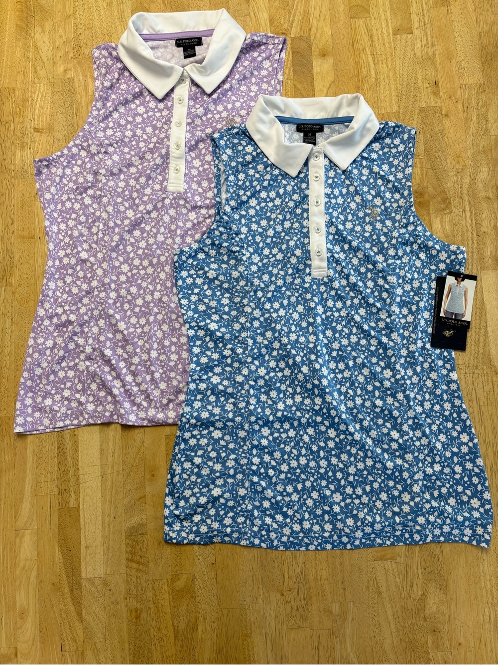 NWT Two U.S. Polo Assn. Floral Sleeveless Polos Blue & Lavender w/White Collar